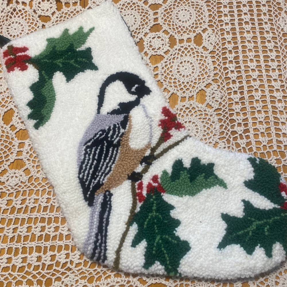 Christmas Stocking White Excellent Hooked Wool‎ Chickadee Bird